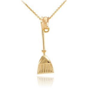 10K Solid Gold Household Cleaning Broom Stick Pendant - Halloween Witch